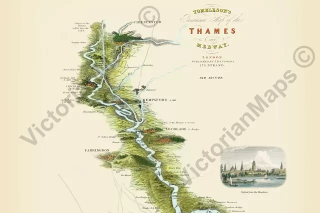 Antique panoramic map river Thames 9 inset views Tombleson 1850 art print poster 2