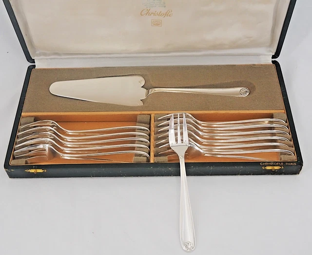 Coffret 12 Fourchettes à Gâteaux Louis XV Argenté, Orfèvre EB Sablier – Vintage France