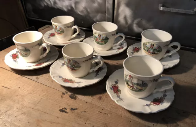 Lot De 6 Tasses à Café Anciennes BP Sarreguemines, Motif Fleurs Et Paysages Champêtres, époque Art Déco