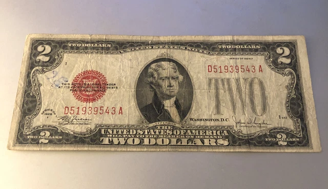1928 F Two Dollar $2 Bill Red Seal United States Note Circulated