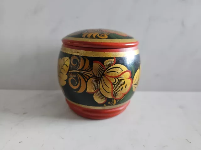 Russian Khokhloma Wooden Lidded Jar Pot Lacquer Hand Painted Folk Art Strawberry