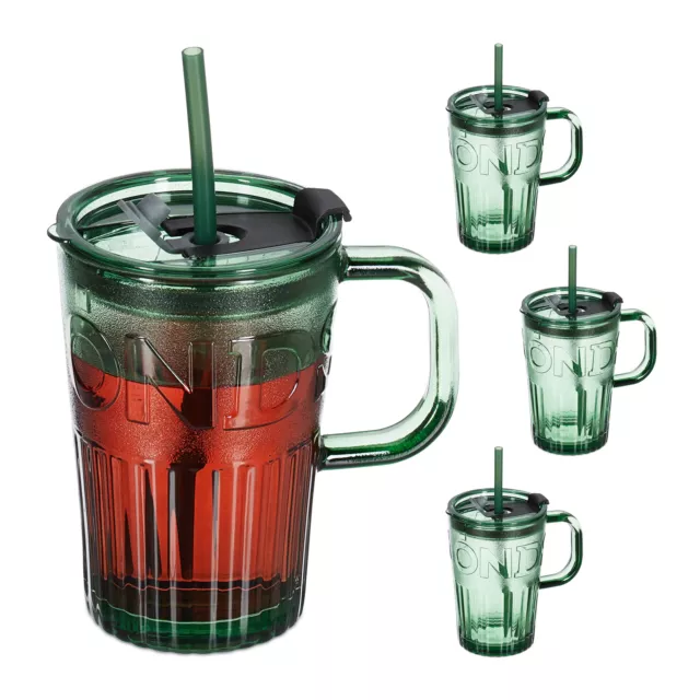 Trinkgläser Strohhalmbecher mit Deckel Saftglas Henkel Smoothieglas 4er Set Grün