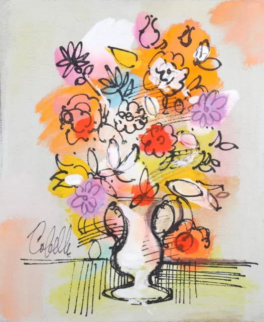 Charles Cobelle, Vase mit Blumen (Orange Und Lila), Acryl auf Leinwand, Signe