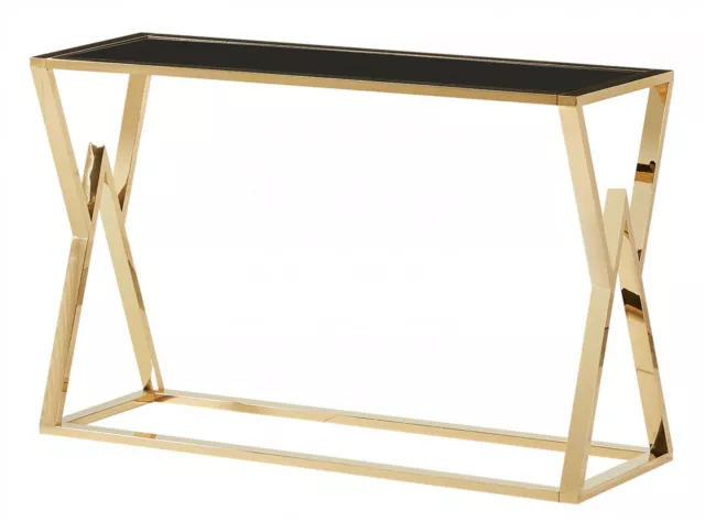 Console Table Display Stand Black Glass Top Stainless Steel Frame Gold Finish