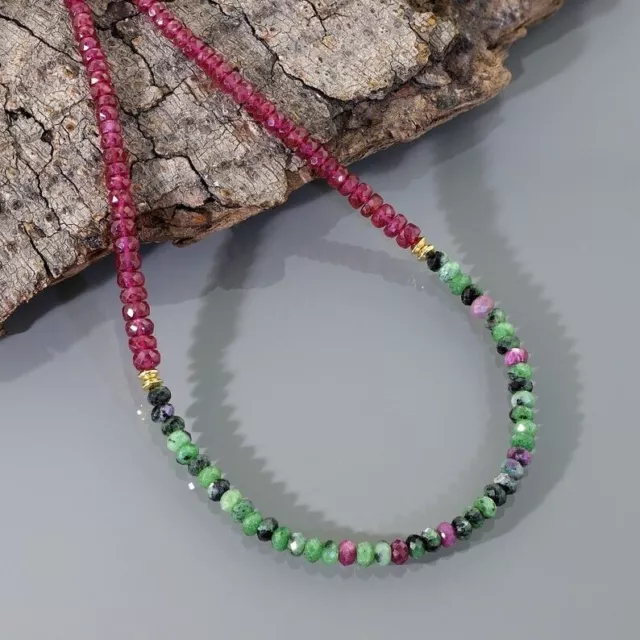 Natural A+ Ruby Zoisite & Red Ruby Faceted Rondelle Gemstone Beaded Necklace 18" 2