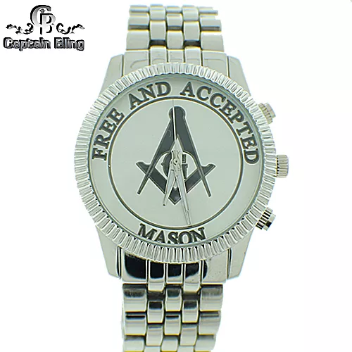 Masonic Watch Silver Tone Metal Band w Round Silver Tone Dial Brand New