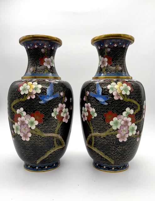 2 Early 20th Century Black Enamel w/ Flowers & Bluebirds Chinese Cloisonné Vases