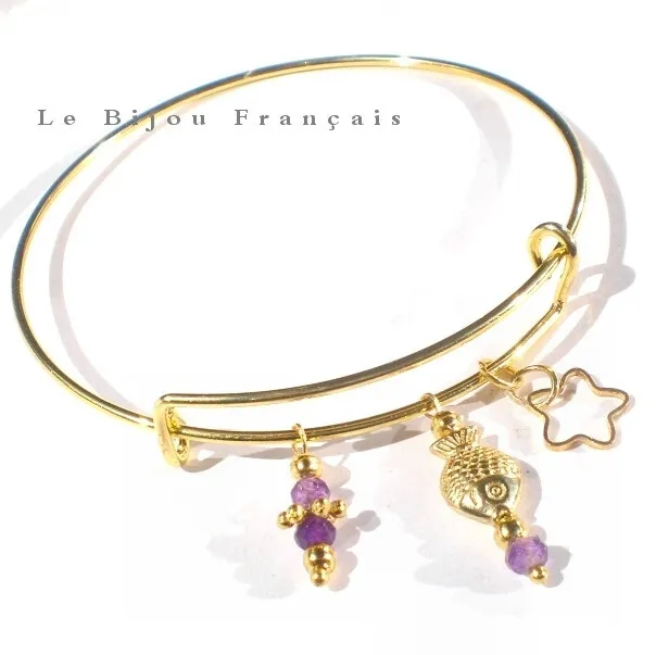 Améthyste Pampilles Poisson Etoile Bracelet Reglable Neuf Acier Doré