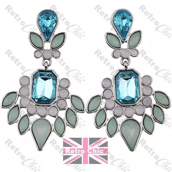 PALE BLUE green white RHINESTONE chandelier EARRINGS jewelled SILVER TONE 18KGP