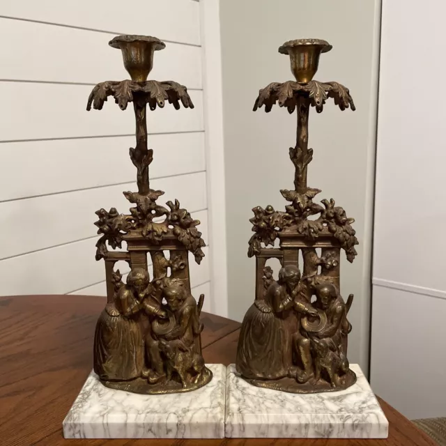 Pair (2) Vintage VICTORIAN  BRASS Candlesticks Holders With Marble Bases