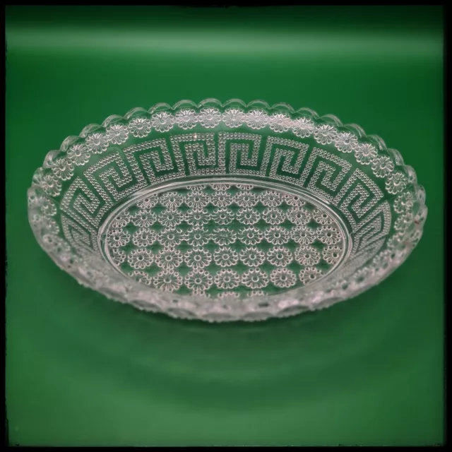 Pressed Glass Oval Dish - Daisy and Greek Key Pattern 2