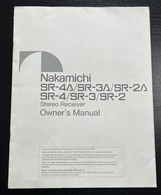 Nakamichi SR-4A/3A/2A SR-4/3/2 Stereo Receiver Original Owner’s Manual