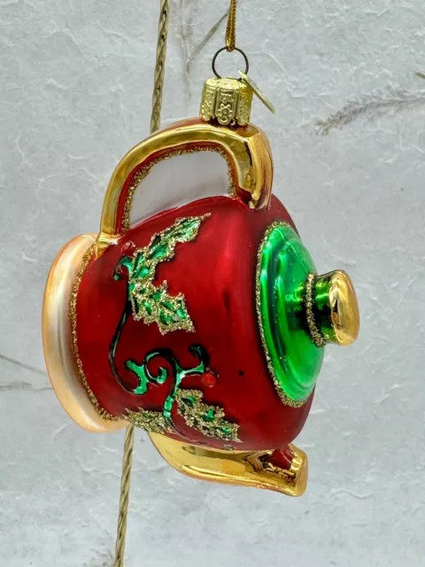 KSA Kurt Adler Teapot Ornament Red Gold Green Holly Leaves 4x2.75x2.5 VTG HTF