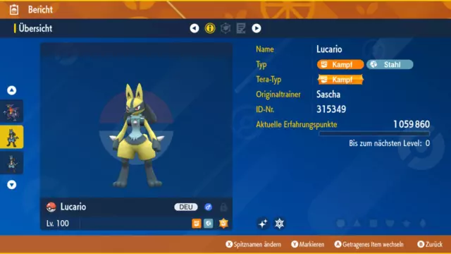 Lvl 100 Lucario 6 Dv/Ev Max in Shiny oder Non Shiny Pokémon Karmesin/Purpur