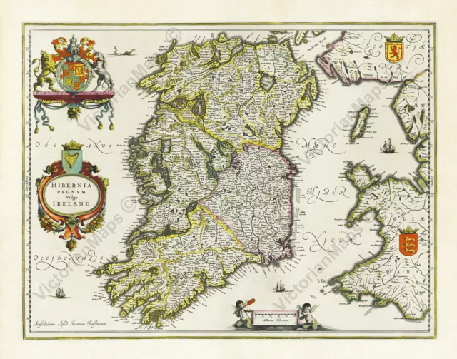 Hibernia Ireland antique old map sea monsters Janssonius Hondius 1638 art poster