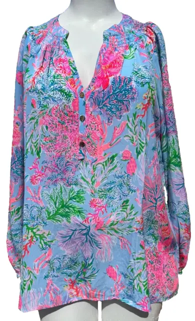 Lilly Pulitzer Elsa Silk Top X-Large Celestial Blue Cay To My Heart V-Neck NWT