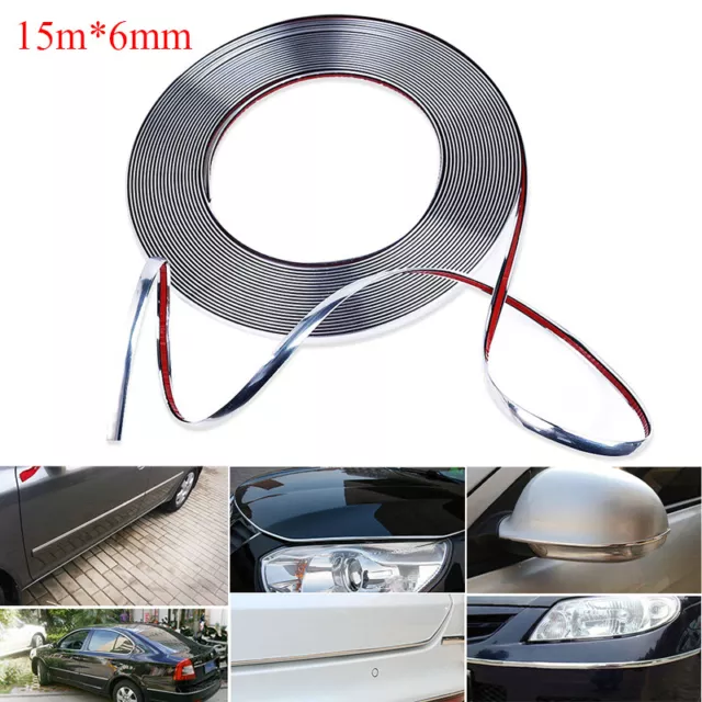 15m 6mm Liseret Bande Ruban Décorative Chrome Strip Adhésif Auto Voiture Tuning