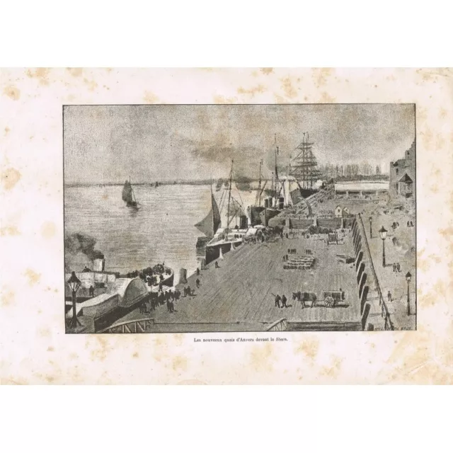 Le Steen Les Nouveaux Quais du Port d'Antwerp 19th Century Animated Engraving RARE