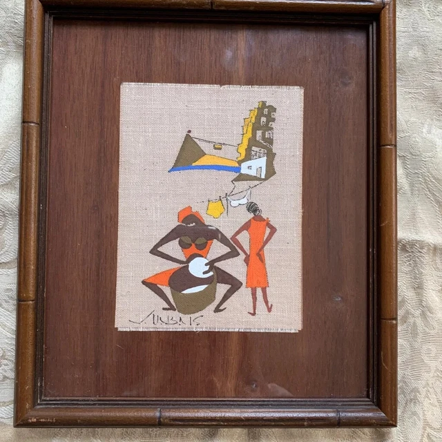 Vintage Framed Virgilio Nabais Brazilian Folk Art "Women Doing Laundry"