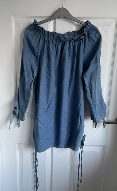 Ladies Blue Off The Shoulder Long Tie Sleeve Denim Mini Dress Size Small