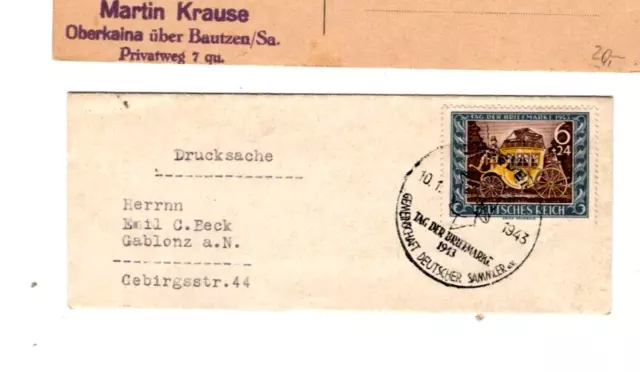 DR Kl. Drucksache DRESDEN - GABLONZ mit 828 + ESST 10-1-43 als Mini-FDC