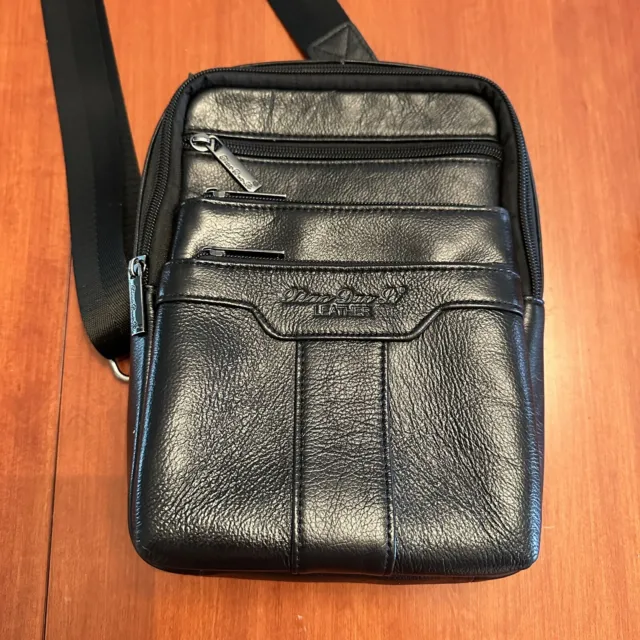 Men's(Unisex) Black Leather Organizer/Messenger/Daily Carry Crossbody Bag/Wallet