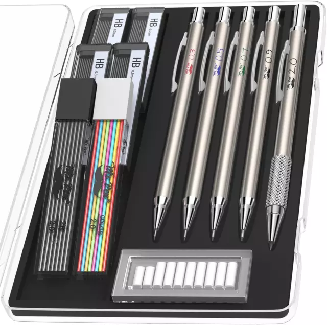 Nicpro 20PCS 0.5mm & 0.7mm Metal Mechanical Pencils Set, Lead Drafting  Pencil for Artist Writing, Sketching, Drawing with 8 Tubes HB Lead Refills