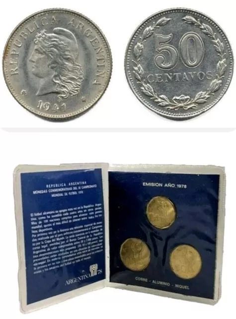 Worldcup Soccer Argentina 1978 Coin Set 20-50-100 Pesos & 25x 1942 50 Centavos