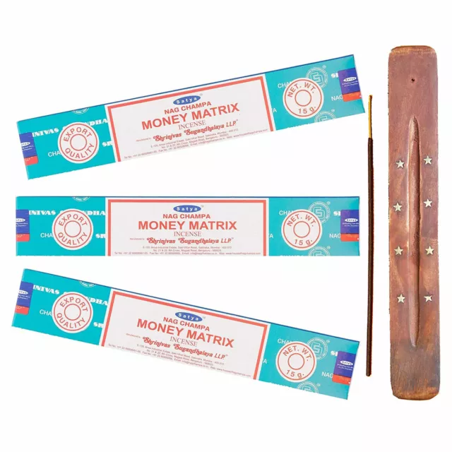 Dinero Matriz Booghe Incienso Nag Champa Palos x3 Paquete Con Varillas Soporte