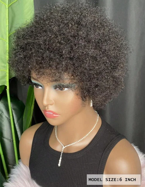 Perruque Afro Courte Noire - Cheveux Humains Naturels, Crépus, Avec Frange + Cadeau