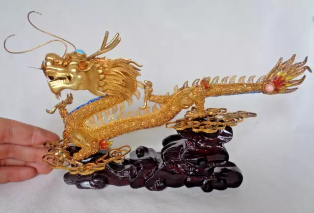 Superb Large Chinese Republic Solid Silver Gilt & Enamel Dragon With Case