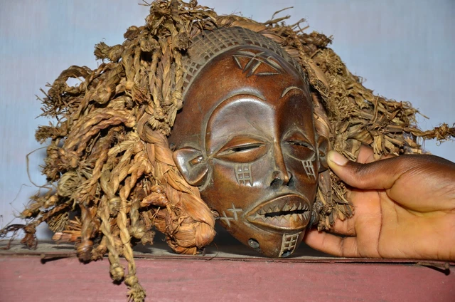 African Tribal Chokwe Art Mask -Manu PWO Mask Chokwe Tribe DR Congo & Rope Hair