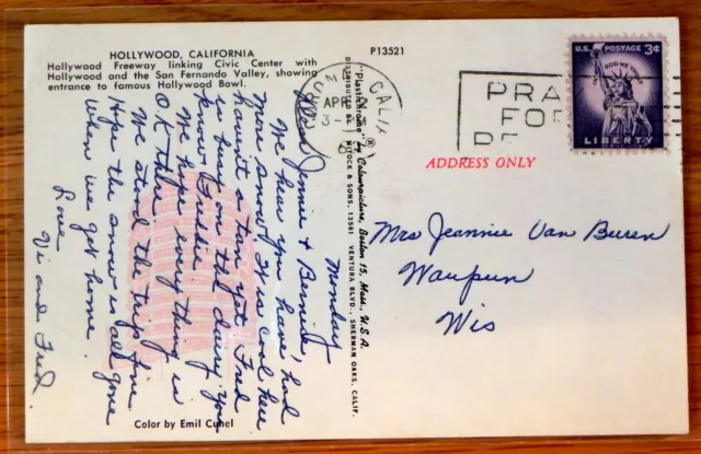 Vintage Postcard w / stamp Hollywood Cal. Freeway, San Fernando Valley D120 2