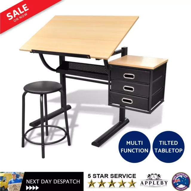 Drafting Table Drawing Art Study Desk & Stool Storage Drawers Adjustable Tilt