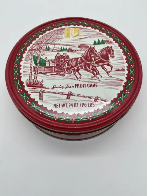 Round Red Tin Shirley Jean Fruit Cake Christmas White Horse Sleigh Embossed 7”