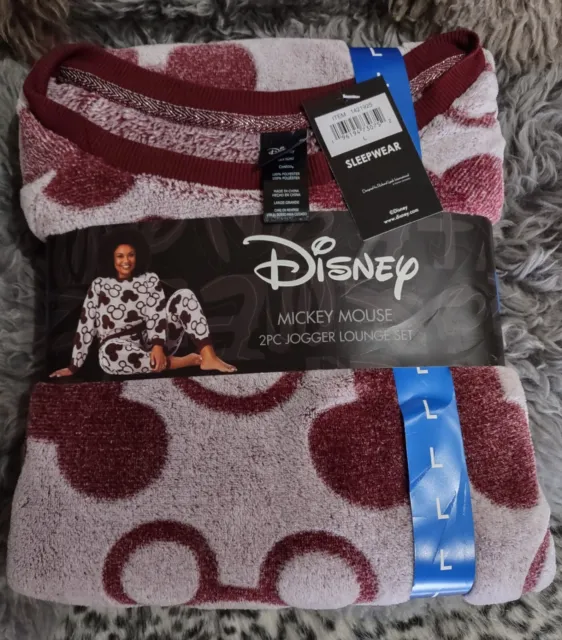Disney Mickey Mouse Women's 2Pc Fleece Jogger Lounge Set Burgundy Size L