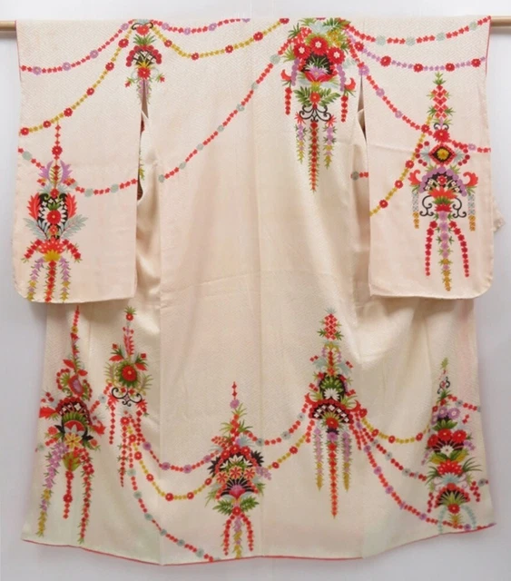 2803T10z820 Vintage Japanese Kimono Silk TSUKESAGE Flowers Off-white