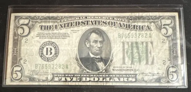1934 $5 Five Dollar Federal Reserve Note B 76593282 A