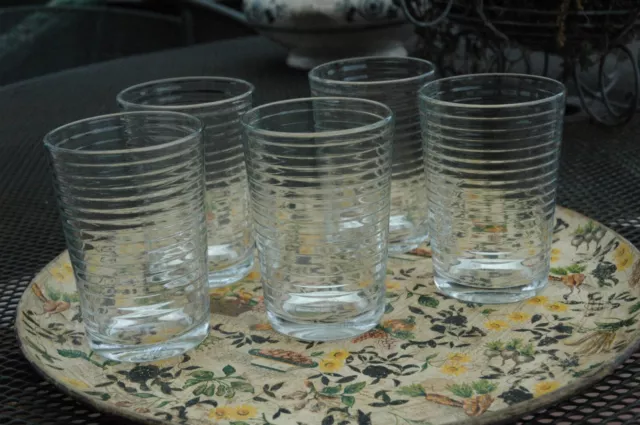 Five vintage ribbed, pasari, Indonesian drinking glasses.