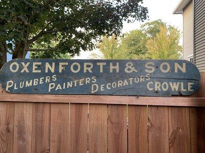 1930s OXENFORTH & SON CROWLE UK WOOD WOODEN TRADE SIGN 59x10.5 ORIG