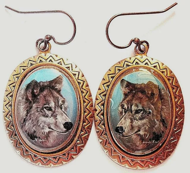 wolf wearable art copper plate earrings
