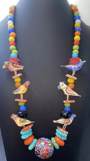 Vintage Millefiori Glass Bead Wood Bird Fetish Necklace