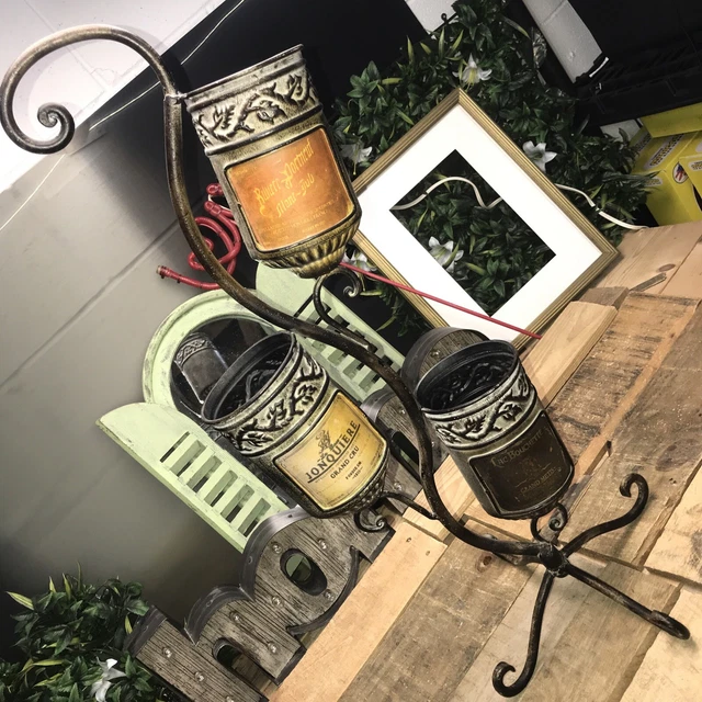 3 Wine Bottle Stand Holder Display 29” Vintage Handcrafted Scrolled Wrought Iron