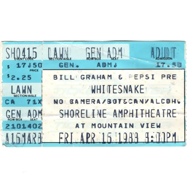 WHITESNAKE & GREAT WHITE Concert Ticket Stub MOUNTAIN VIEW CA 4/15/88 SHORELINE