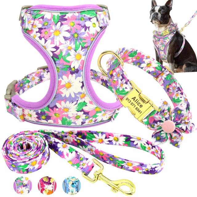 Fancy Floral Custom Pet Dog Collar+Harness+Lead set Personalised Metal Buckle