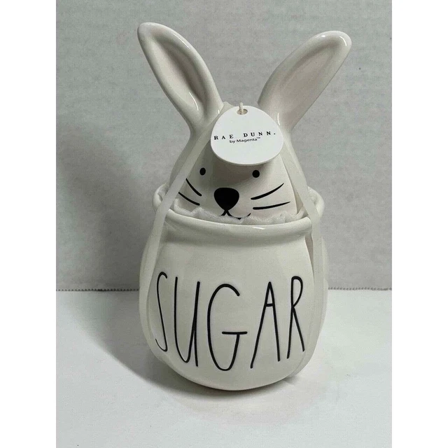 Rae Dunn Easter Bunny Sugar Bowl Canister Rabbit Ears Topper Artisan New 7" Tall