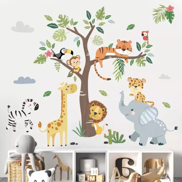 Jungle Animals Tree Wall Decals Elephant Giraffe Lion Safari Wall Stickers Baby