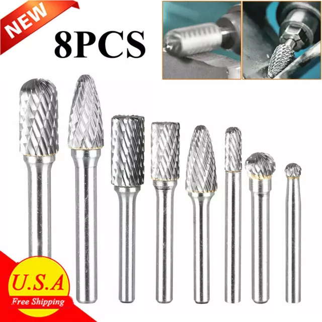 8x 1/4'' Double Cut Tungsten Steel Carbide Rotary Burr Die Grinder Shank Bit Set