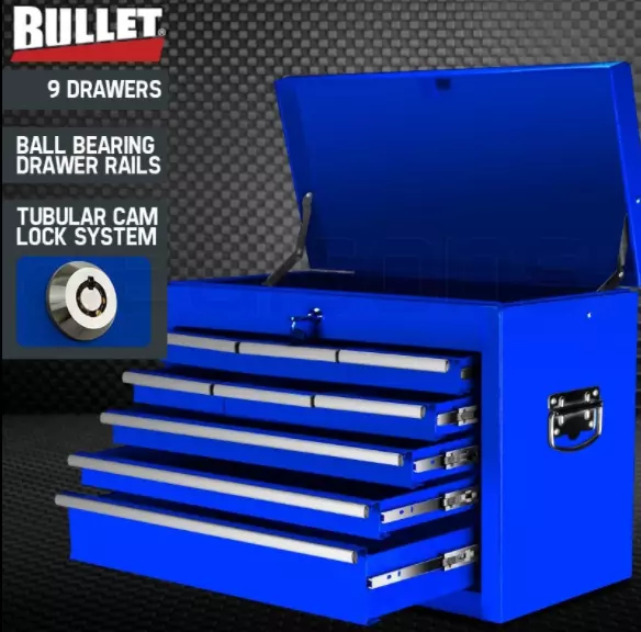 Blue 9 Drawer Black Tool Chest Cabinet Mechanic Garage Storage Toolbox Set