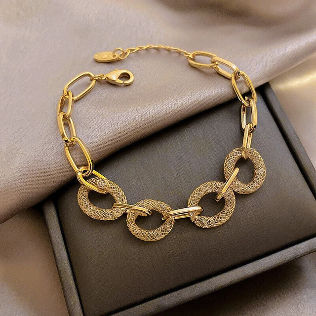 Women Crystal Mesh Chain Cubic Zirconia 18k Gold Bracelet Bangle Jewelry Gift